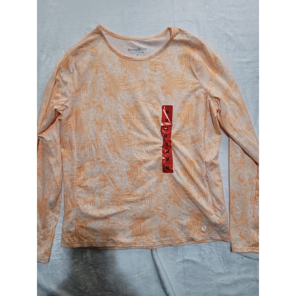NWT Hang Ten Sun Shirt Women Medium Orange Tropical Floral UPF 50+ Long Sleeve